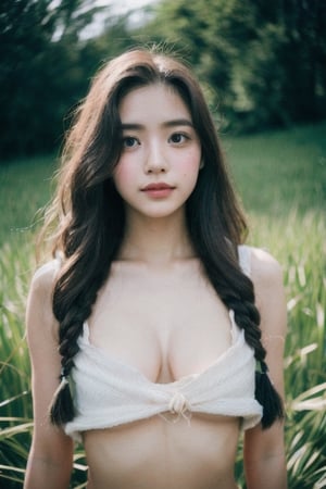 Photo of a hyperdetailed, ((Beautiful taiwan young girl with long wavy hair)), [jungle|field], Stars in the sky, soft focus, dmt, film grain, Canon RF, F/2.8, ((nsfw)), ((croptop)), (()), (()), (((nipslip))), 