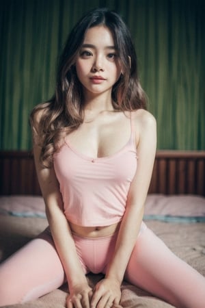 Photo of a hyperdetailed, ((Beautiful taiwan young girl with long and big wavy hair)), [jungle|field], Stars in the sky, soft focus, dmt, film grain, Canon RF, F/2.8, ((nsfw)), ((sexy tshirt and pink leggings)), ((cameltoe)), (()), (((nipslip))), 