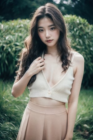 Photo of a hyperdetailed, ((Beautiful taiwan young girl with long wavy hair)), [jungle|field], Stars in the sky, soft focus, dmt, film grain, Canon RF, F/2.8, ((nsfw)), ((wavy skirt)), ((flat_chest)), (()), (((nipslip))), 