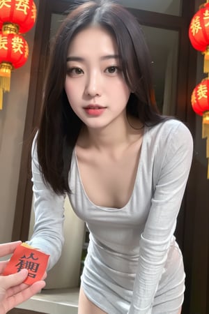 (masterpiece, best quality, ultra-detailed, 8K, ), high detail, 1girl, woman, ((asian young beautiful girl)), bokeh background, soothing tones:1.3), low saturation, High detailed, ((), ((chinese new year)), (()), ,seethru,  holding red packet, nsfw, ((small breast)),nipslip,downblouse, white bra inside ,loose t-shirt,wldck,leaning forward