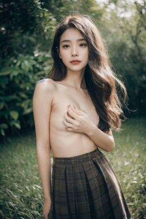 Photo of a hyperdetailed, Beautiful taiwan young girl with long wavy hair, [jungle|field], Stars in the sky, soft focus, dmt, film grain, Canon RF, F/2.8, ((nsfw)), ((skirt)), ((flat_chest)), ((seducing pose)), (()), (((nipslip))), 