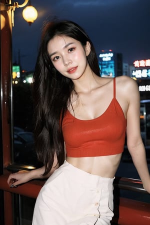 (intimate photo), 1girl,  busty slender Korean girl K-pop idol, long hair,  instagram model,  50mm, flash photography,  real life, cute face, tight thin form fitting crop top emphasizing her large bust and pencil skirt , in Seoul city, at night, tight waist ,lora:extendeddownblouse_v10:1, ((chinese new year theme))
