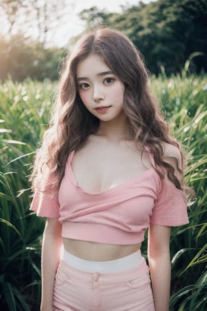 Photo of a hyperdetailed, ((Beautiful taiwan young girl with long wavy hair)), [jungle|field], Stars in the sky, soft focus, dmt, film grain, Canon RF, F/2.8, ((nsfw)), ((tshirt and pink miniskirt)), (()), (()), (((nipslip))), 