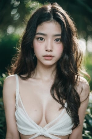 Photo of a hyperdetailed, ((Beautiful taiwan young girl with long wavy hair)), [jungle|field], Stars in the sky, soft focus, dmt, film grain, Canon RF, F/2.8, ((nsfw)), ((in bandage)), ((flat_chest)), (()), (((nipslip))), 