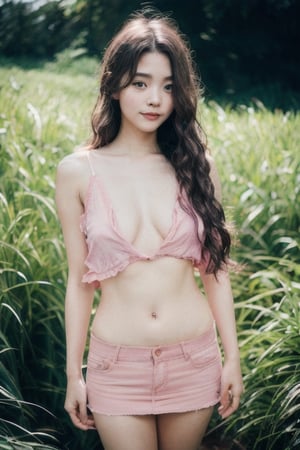 Photo of a hyperdetailed, ((Beautiful taiwan young girl with long wavy hair)), [jungle|field], Stars in the sky, soft focus, dmt, film grain, Canon RF, F/2.8, ((nsfw)), ((tshirt and pink miniskirt)), (()), (()), (((nipslip))), 