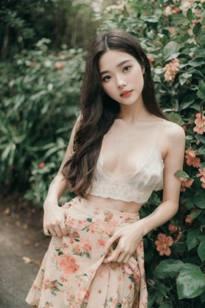 Photo of a hyperdetailed, Beautiful taiwan young girl with long wavy hair, [jungle|field], Stars in the sky, soft focus, dmt, film grain, Canon RF, F/2.8, ((nsfw)), ((skirt)), ((flat_chest)), ((seducing pose)), ((floral theme)), (((nipslip))), 