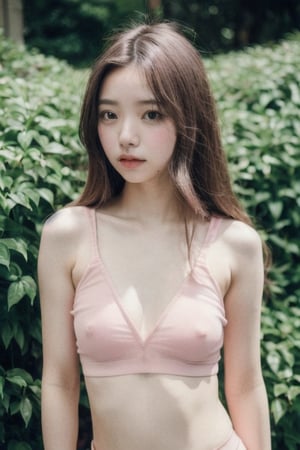 Photo of a hyperdetailed, Beautiful taiwan young girl with long wavy hair, [jungle|field], Stars in the sky, soft focus, dmt, film grain, Canon RF, F/2.8, ((nsfw)), ((light pink spaghetti_strap top)), ((flat_chest)), ((seducing pose)), ((leggings)), ((nipslip)), 