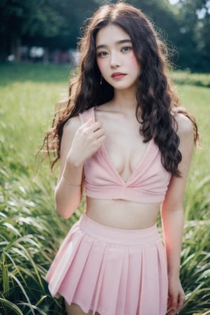 Photo of a hyperdetailed, ((Beautiful taiwan young girl with long wavy hair)), [jungle|field], Stars in the sky, soft focus, dmt, film grain, Canon RF, F/2.8, ((nsfw)), ((pink skirt)), ((flat_chest)), (()), (((nipslip))), 