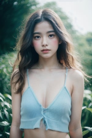 Photo of a hyperdetailed, Beautiful taiwan young girl with long wavy hair, [jungle|field], Stars in the sky, soft focus, dmt, film grain, Canon RF, F/2.8, ((nsfw)), ((light blue spaghetti_strap top)), ((flat_chest)), (), ((nipslip)), naked bottom,((exposed vagina))
