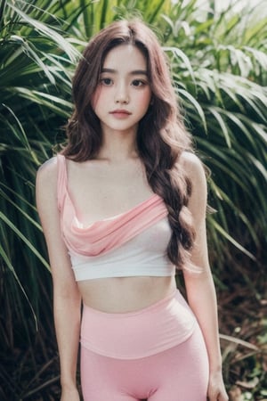 Photo of a hyperdetailed, ((Beautiful taiwan young girl with long wavy hair)), [jungle|field], Stars in the sky, soft focus, dmt, film grain, Canon RF, F/2.8, ((nsfw)), ((sexy tshirt and pink leggings)), (()), (()), (((nipslip))), 