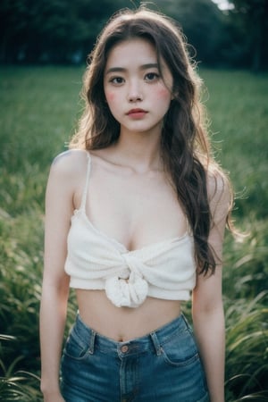 Photo of a hyperdetailed, ((Beautiful taiwan young girl with long wavy hair)), [jungle|field], Stars in the sky, soft focus, dmt, film grain, Canon RF, F/2.8, ((nsfw)), ((croptop and miniskirt)), (()), (()), (((nipslip))), 