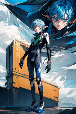 (1 boy, skinny, twink, teeny, young boy, elf, elven ears, middle hair, in a triathlon suit, slim waist, bionic hand, full_body), middle-East cyberpunk location, cyberpunk background, masterpiece quality, best quality, highly detailed beautiful face, perfect eyes, soft sandy wind effect, cinematic still, nanase_haruka, nitori_aiichirou, vash the stampede, rimuru_tempest, perfecteyes, suit looks like a suit from Evangelion, evangelion mecha, futureaodai