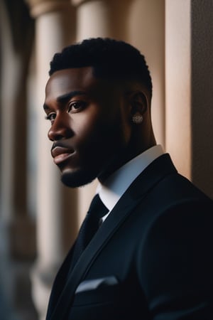 A stunning intricate full color portrait of black male, wearing a black official suit, epic character composition, albi, nina masic, sharp focus, natural lighting, subsurface scattering, f2, 35mm, film grain,