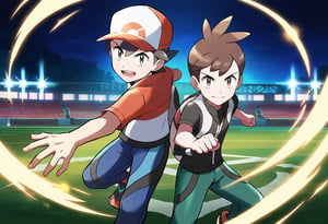 score_9, score_8_up, score_7_up, masterpiece, best quality,, amazing quality, best aesthetic, absurdres, ((2 boys)), pokemon battle,,trace_pokemon, brown hair, brown eyes, black shirt, green pants, red shoes,black socks,  BREAK vs chase_pokemon, black hair, grey eyes, red with white headwear, red with white jacket, black shirt, blue shorts, black footwear, black backpack, epic background, pokemon stadium, detailed hands, perfect hands