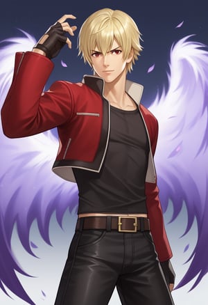 score_9, score_8_up, score_7_up, masterpiece, best quality, amazing quality, best aesthetic, ,absurdres, cute,solo, rock howard,blonde hair, red eyes, red with white jacket, black shirt, black pants, black shoes, belt, black fingerless gloves,midriff peek,score_6_up, purple fiery wings