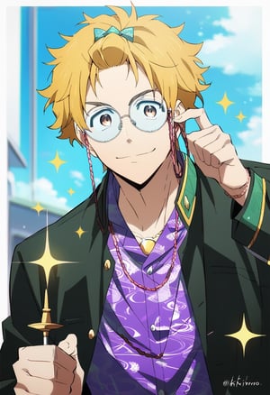 score_9, score_8_up, score_7_up, masterpiece, best quality, cute, male focus, AKIHIKO NIREI, BLONDE HAIR, BROWN EYES, glasses, purple shirt, SPARKLE