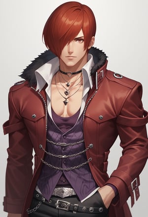 score_9, score_8_up, score_7_up, masterpiece, best quality, amazing quality, best aesthetic, ,absurdres, cute, iori_xiv, red hair, red eyes, chocker, black pants, red coat, white shoes, belt, collar, furm trim, purple shirt, solo