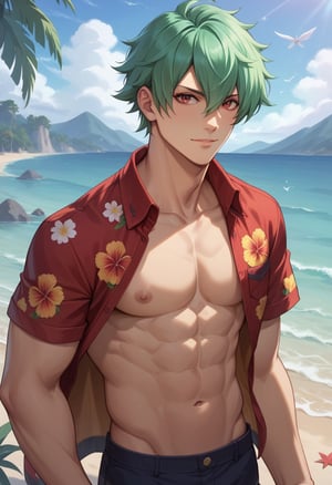 score_9, score_8_up, score_7_up, masterpiece, best quality, amazing quality, best aesthetic, ,absurdres, cute, slim shun'ei, green hair, red eyes, ,white hawaiian shirt, open shirt, blak beach shorts,score_6_up