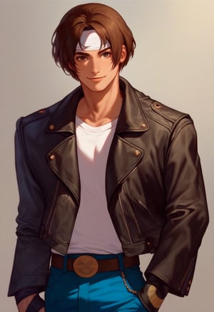 score_9, score_8_up, score_7_up, masterpiece, best quality, amazing quality, best aesthetic, ,absurdres, cute, kyo_xv, brown hair, brown eyes, headband, black leather jacket, open jacket, white shirt, blue pants, belt, fingerles gloves, black shoes, belt, brown hair