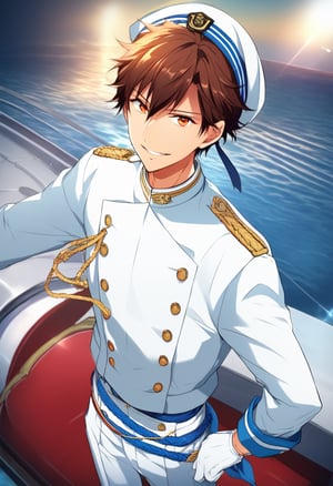   score_9, score_8_up,  score_7_up, score_6_up, highly detailed, masterpiece, best quality,detailed,intricate details, amazing quality, best aesthetic, absurdres, 
chiaki_kei, brown hair, brown eyes, sailor uniform, white jacket with gold buttons, white gloves, sailor hat, white pants, in a boat, upper view