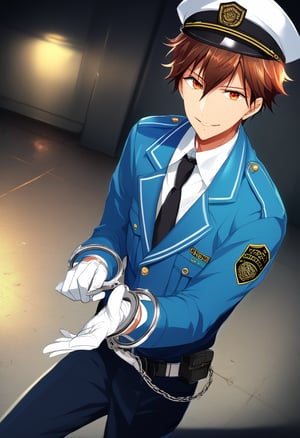   score_9, score_8_up,  score_7_up, score_6_up, highly detailed, masterpiece, best quality,detailed,intricate details, amazing quality, best aesthetic, absurdres, 
chiaki_kei, brown hair, brown eyes, smile,   police outfit, white hat, blue jacket, black pants, black necktie, white gloves, handcuffs