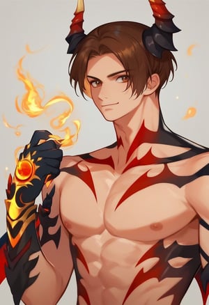 score_9, score_8_up, score_7_up, masterpiece, best quality, amazing quality, best aesthetic, ,absurdres, cute, kyo_seven, brown hair, brown eyes, demon horns, demon wings, tatto, demon boy, 1boy