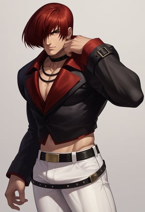 score_9, score_8_up, score_7_up, masterpiece, best quality, amazing quality, best aesthetic, ,absurdres, cute, iori_xiii, red hair, red eyes, chocker, white pants, black with red sleeves jacket, yellow shoes, belt, midriff, collar, 1boy