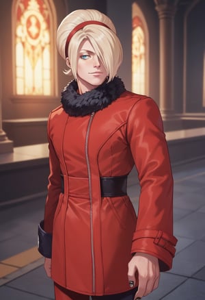 score_9, score_8_up, score_7_up, masterpiece, best quality, amazing quality, best aesthetic, ,absurdres, , male focus,ash_xv, blonde hair, blue eyes, red coat, red pants, freckless, hairband, black nails, black boots, fur trim, 1boy