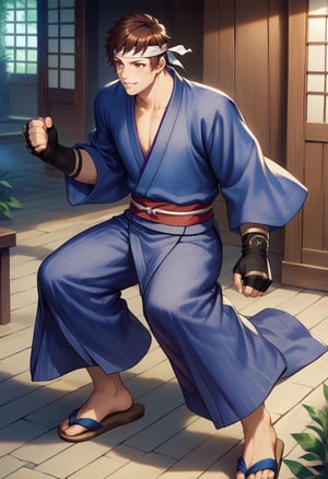 score_9, score_8_up, score_7_up, masterpiece, best quality, amazing quality, best aesthetic, ,absurdres, ((source_anime)), cute,shingo_gaiden, brown hair, brown eyes, japanese clothes, blue kimono, headband, fingerless gloves, sandals