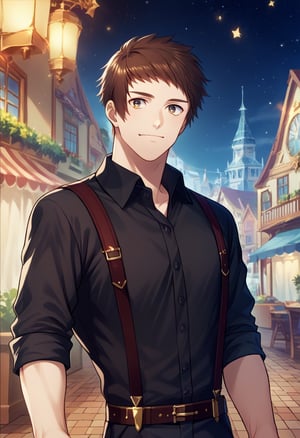 score_9, score_8_up, score_7_up, masterpiece, best quality, amazing quality, best aesthetic, ,absurdres, ((source_anime)), cute,shingo_night, brown hair, black sleeve shirt, black pants, sleeves rolled up, blue necktie,suspenders