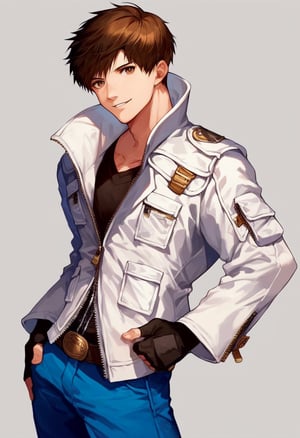 score_9, score_8_up, score_7_up, masterpiece, best quality, amazing quality, best aesthetic, ,absurdres, cute, kyo_xiv, brown hair, brown eyes, white jacket, black shirt, blue pants, belt, fingerles gloves, brown shoes, chain, zipper, 1boy