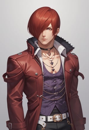 score_9, score_8_up, score_7_up, masterpiece, best quality, amazing quality, best aesthetic, ,absurdres, cute, iori_xiv, red hair, red eyes, chocker, black pants, red coat, white shoes, belt, collar, furm trim, purple shirt, solo