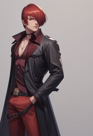 score_9, score_8_up, score_7_up, masterpiece, best quality, amazing quality, best aesthetic, ,absurdres, cute, iori_xv, red hair, red eyes, chocker, black coat,  black shoes, belt,  red shirt, JEWELRY, red pants