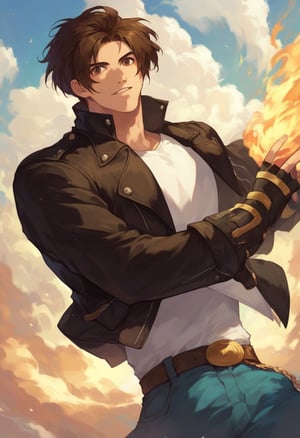 score_9, score_8_up, score_7_up, masterpiece, best quality, amazing quality, best aesthetic, ,absurdres, cute, kyo_xiii, brown hair, brown eyes, black jacket, white shirt, blue pants, belt, fingerles gloves, brown shoes, chain, 1boy