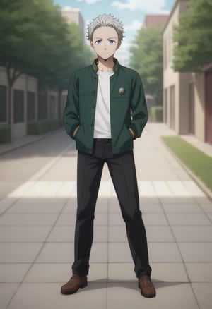 score_9, score_8_up, score_7_up, masterpiece, best quality, amazing quality, best aesthetic, ,absurdres, ,cute, solo,Hajime Umemiya, gray hair, blue eyes,black with green  jacket, open jacket, long sleeves, black pants, white shirt