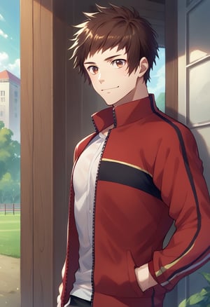 score_9, score_8_up, score_7_up, masterpiece, best quality, amazing quality, best aesthetic, ,absurdres, ((source_anime)), cute, sshingo_fit, brown hair, brown eyes, red with black track jacket, black pants white shirt, white sneakers, 1boy