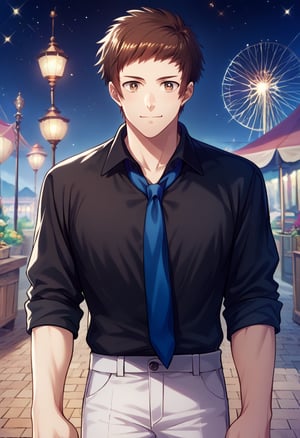 score_9, score_8_up, score_7_up, masterpiece, best quality, amazing quality, best aesthetic, ,absurdres, ((source_anime)), cute,shingo_night, brown hair, black sleeve shirt, white pants, sleeves rolled up, blue necktie