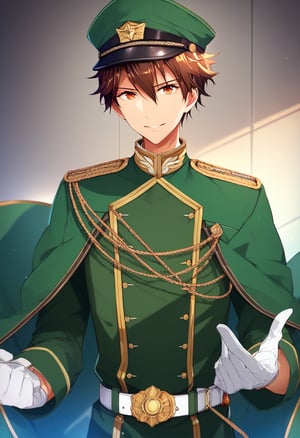   score_9, score_8_up,  score_7_up, score_6_up, highly detailed, masterpiece, best quality,detailed,intricate details, amazing quality, best aesthetic, absurdres, 
chiaki_kei, brown hair, brown eyes, military uniform, green jacket, green pants, green cape, belt, green hat