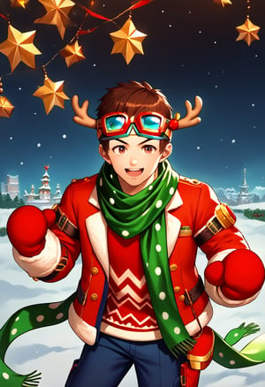 score_9, score_8_up, score_7_up, masterpiece, best quality, amazing quality, best aesthetic, ,absurdres, ((source_anime)), cute,shingo_xmas, brown hair, brown eyes, green scarf, googles on head, red jacket, blue pants, red sweater, reindeer antlers, red winter mittens, scarf