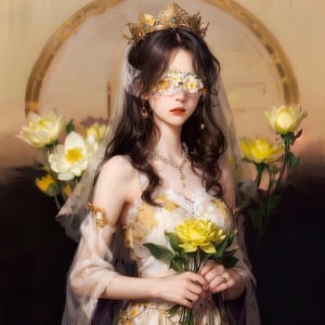 1 girl, charming, 
white Flowers Blindfold, beige dress with gold details, Wide Short, golds and pearls, nature landscape with a lot of lotus flowers, masterpiece, best quality, (Circle), simple background, long hair, white veil under a white crown