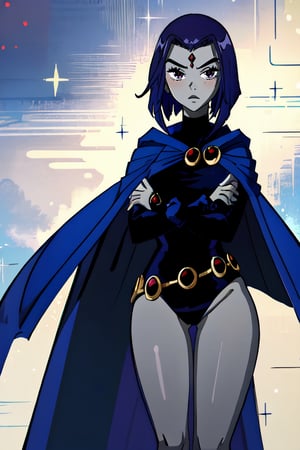 (masterpiece, best quality), pale skin, intricate details, 1girl, RavenTT, navy blue cape, black leotard, black thigh-high stockings, brooch, belt, red crystal on forehead, short purple hair, serious look, arms crossed