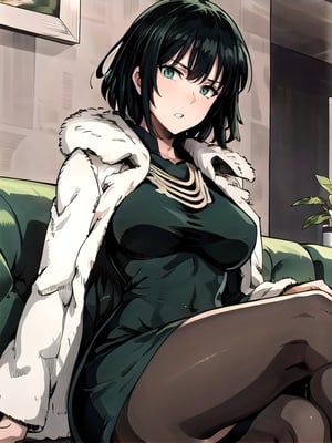 1 girl, fubuki, alone, green eyes, short hair, jean shot, dress, fur trim, jewelry, sitting, legs spread, on the couch, expressionless, bedroom, thick thighs, looking at viewer