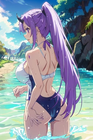 Shion 1girl, weapon, shirt, very_long_hair, belt, ponytail, collarbone, horns, cleavage, big_breasts, long_hair, purple_eyes, purple_hair, river, happy (white swimsuit: 1.5) wet, back (focus on ass: 1.3)