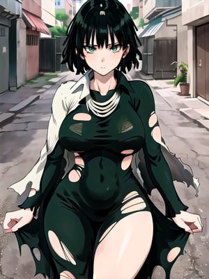 1 girl, fubuki, alone, green eyes, short hair, cowboy shot, dress, (torn clothes: 1.5) jewelry, sorry expression, thick thighs, (masterpiece:1.3), (vibrant:1.2), best quality, film
,alley,