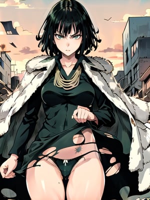 1 girl, fubuki, solo, green eyes, short hair, cowboy shot, dress, fur trim, (torn clothing, underwear: 1.5) jewelry, pouting expression, thick thighs, (masterpiece:1.3), (vibrant :1.2), best quality, cinematic
, flying, destroyed city, wind, powers