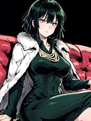 1girl, fubuki, solo, green eyes, short hair, cowboy shot, dress, fur trim, jewelry, sitting, spread legs, on sofa, expressionless,  simple background, thick thighs