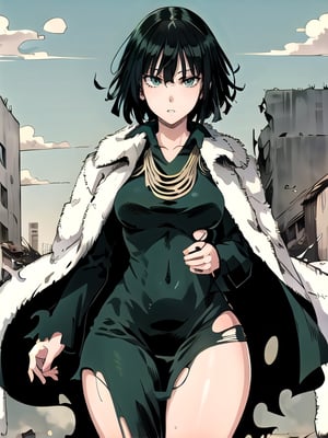 1 girl, fubuki, solo, green eyes, short hair, cowboy shot, dress, fur trim, (torn clothing: 1.5) jewelry, pouting expression, thick thighs, (masterpiece:1.3), (vibrant:1.2) , best quality, cinematic
, flying, destroyed city, wind, powers