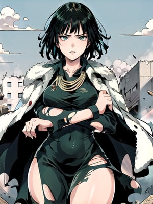 1 girl, fubuki, solo, green eyes, short hair, cowboy shot, dress, fur trim, (torn clothing: 1.5) jewelry, pouting expression, thick thighs, (masterpiece:1.3), (vibrant:1.2) , best quality, cinematic
, flying, destroyed city, wind, powers