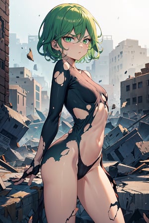 TatsumakiOPM, green eyes, green hair, short hair, beautiful, stylish, cowboy photo, arm crossed, pouting expression, tight black clothes, long sleeves, random background, (masterpiece:1.3), (vibrant:1.2), best quality, cinematic destroyed city,
(torn clothes, underwear: 1.5), back