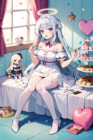 1girl, bright white hair, long hair, lolita dress, white dress, short dress, white thigh stockings, rainbow, heart, heart pillow, pastel, crystal, halo, colorful, pink, purple, blue, doll, ((many dolls)) , ((Sunlight coming through the window)) ((background, cute house)), ((bright atmosphere)), ((doll in the house)), ((sitting, full body)), Candy Land, grass background, candy, snacks , lollipop, chocolate, ice cream, swirl lollipop, strawberry, sundae, donut, cake, cupcake, balloon, chocolate bar, foam, cream, whipped cream, dessert, pastry, candy wrapper, icing, teacup, confetti, cotton candy, show. panties 
